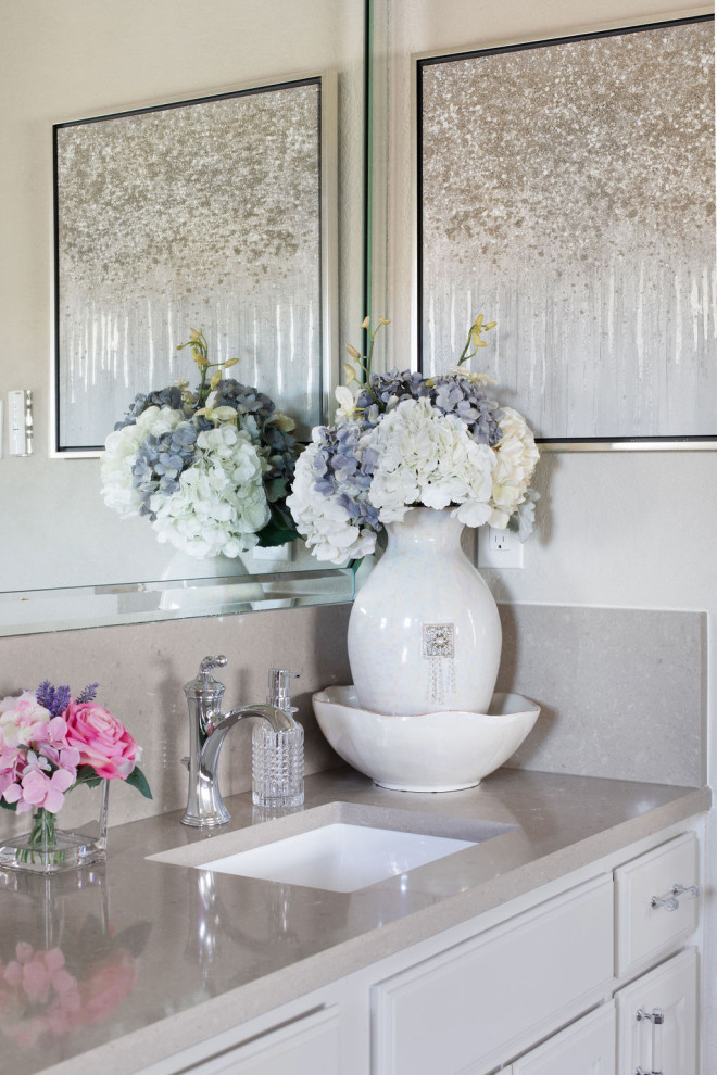 Barker Ridge Drive - Eclectic master double-sink bathroom photo in Austin with white cabinets, an undermount sink, quartzite countertops, beige countertops and a built-in vanity