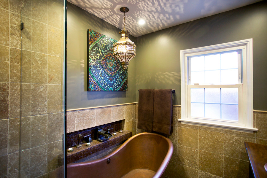 Inspiration for an eclectic bathroom in Los Angeles with a freestanding tub.