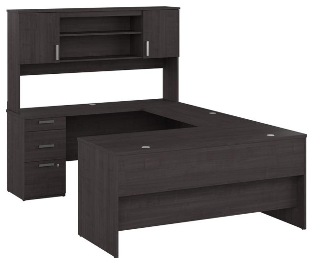 BESTAR Ridgeley 65W U Shaped Desk with Hutch in charcoal maple