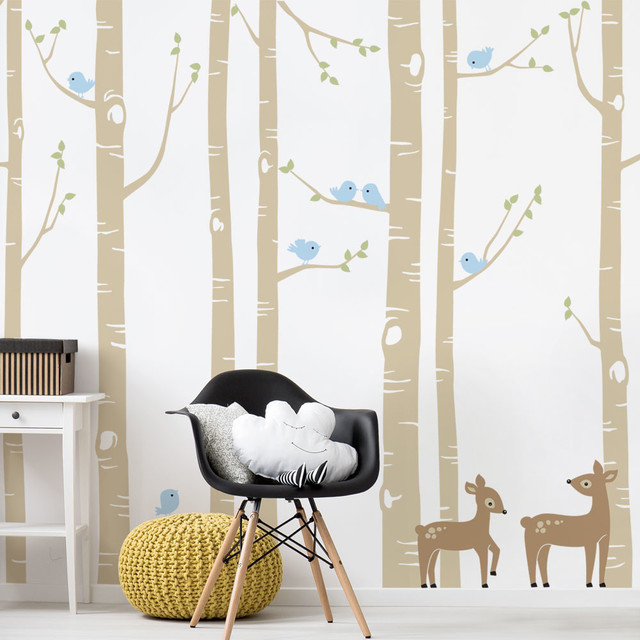 Birch Tree With Bird And Deer Wall Decals Scheme A Large