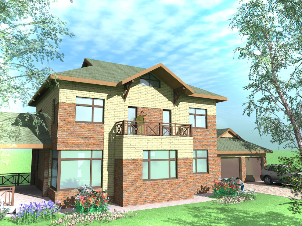 Двухэтажный жилой дом с мансардой и гаражом