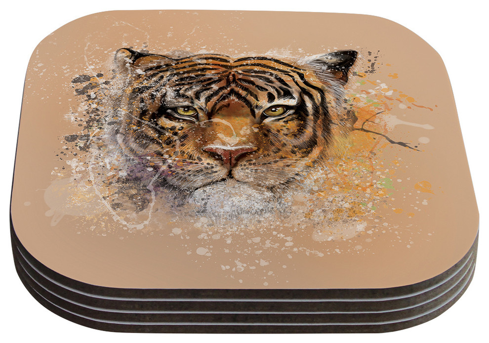 Geordanna Cordero-Fields "My Tiger" Orange Tan Coasters, Set of 4, 4"x4"