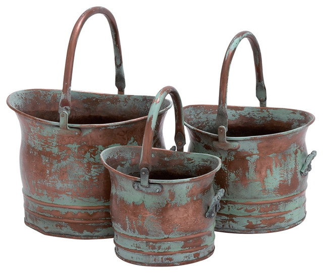 Green Tinged Metal Bucket Planter With Handles, 3-Piece Set