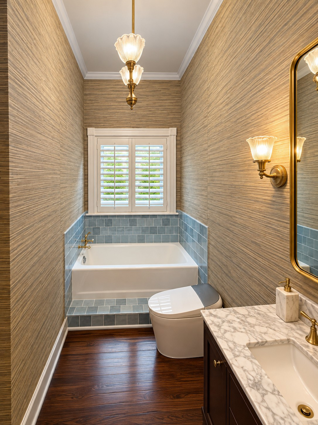 Elegant Transitional Guest Bathroom with Grasscloth Wallpaper