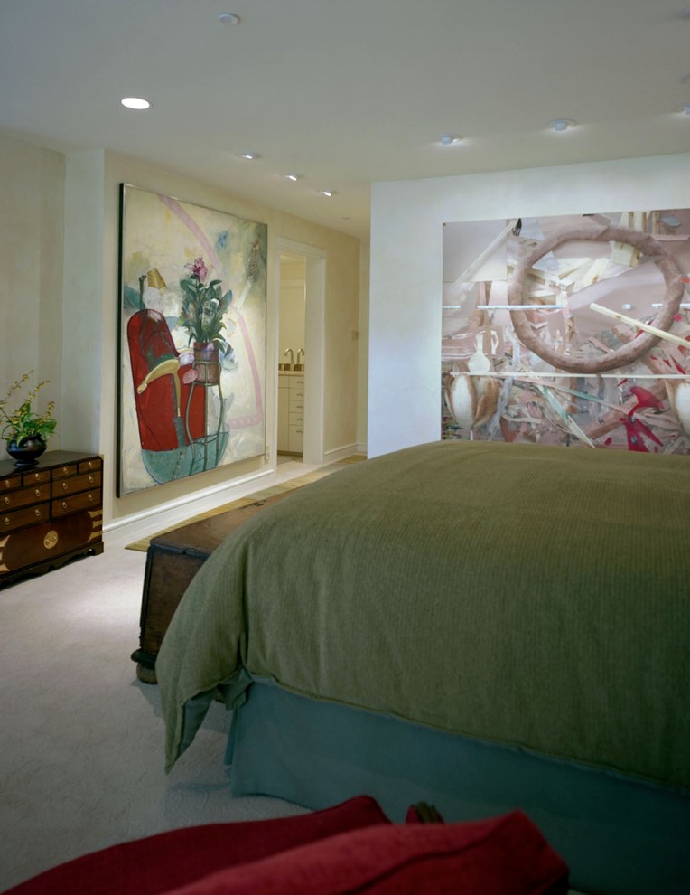 Mid-sized contemporary master bedroom in Austin with beige walls, carpet and beige floor.