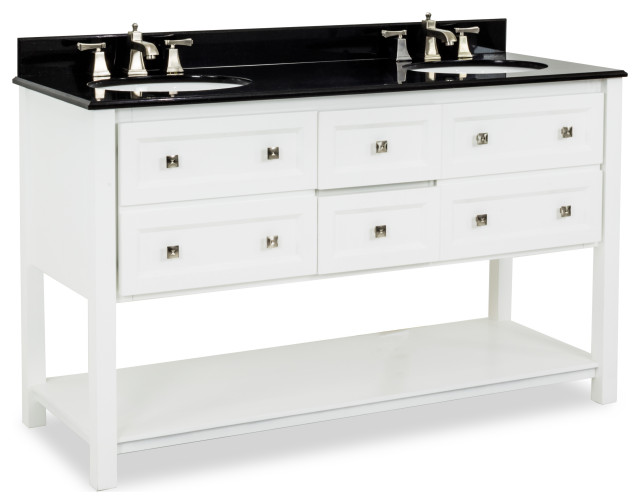 60" Double White Vanity,Open Bottom Shelf,Black Granite Top,2 Oval