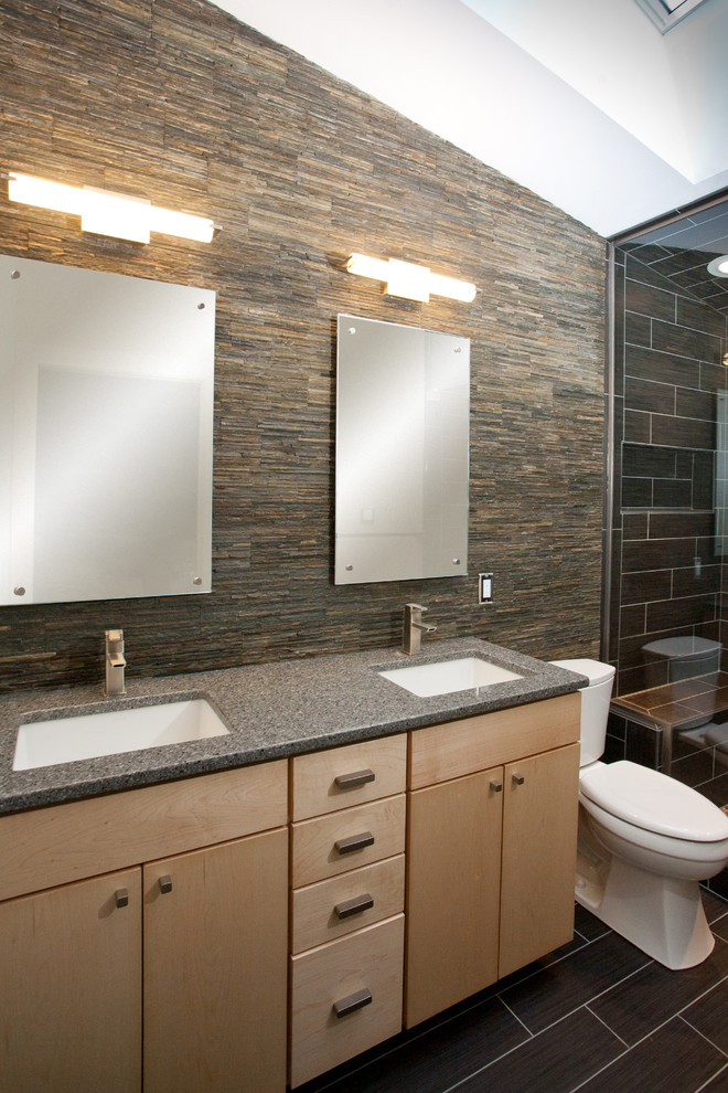Design ideas for a mid-sized transitional master bathroom in Wichita with an undermount sink, flat-panel cabinets, light wood cabinets, engineered quartz benchtops, an alcove shower, a two-piece toilet, brown tile, ceramic tile and ceramic floors.