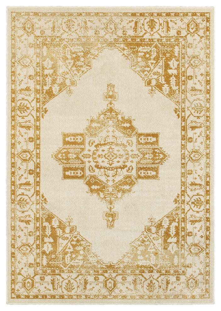 Jewel Two-tone Traditional Medallion Ivory and Gold Area Rug, 5'3"x7'6"