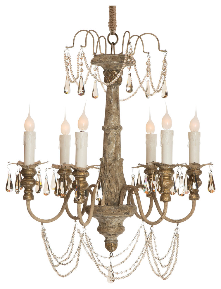 Forli French Country Crystal Grey Wash 6 Light Chandelier