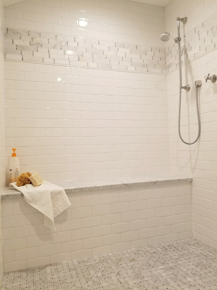 Large traditional master bathroom in Milwaukee with flat-panel cabinets, dark wood cabinets, an alcove shower, a two-piece toilet, white tile, marble, white walls, marble floors, an undermount sink, marble benchtops, grey floor and a hinged shower door.