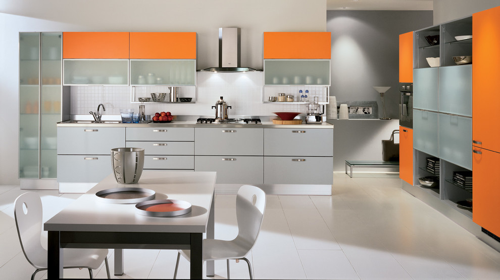 Design ideas for a large modern l-shaped eat-in kitchen in Melbourne with a double-bowl sink, raised-panel cabinets, orange cabinets, stainless steel benchtops, white splashback, ceramic splashback, stainless steel appliances, ceramic floors and no island.