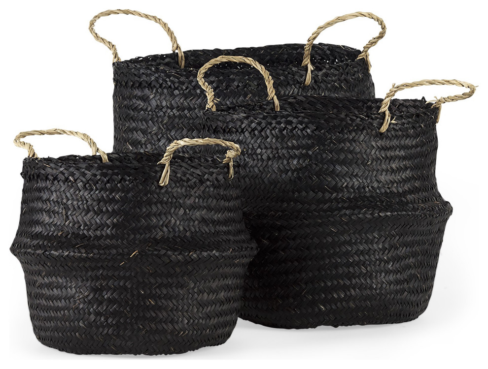 Set of Three Black Wicker Storage Baskets Tropical Baskets by