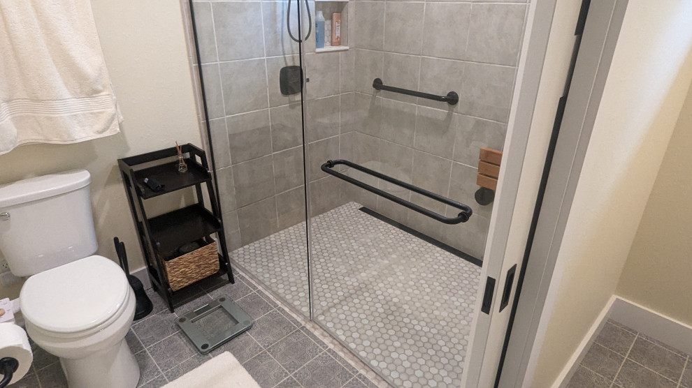 Design ideas for a mid-sized transitional bathroom in Other with a curbless shower, a two-piece toilet and a sliding shower screen.