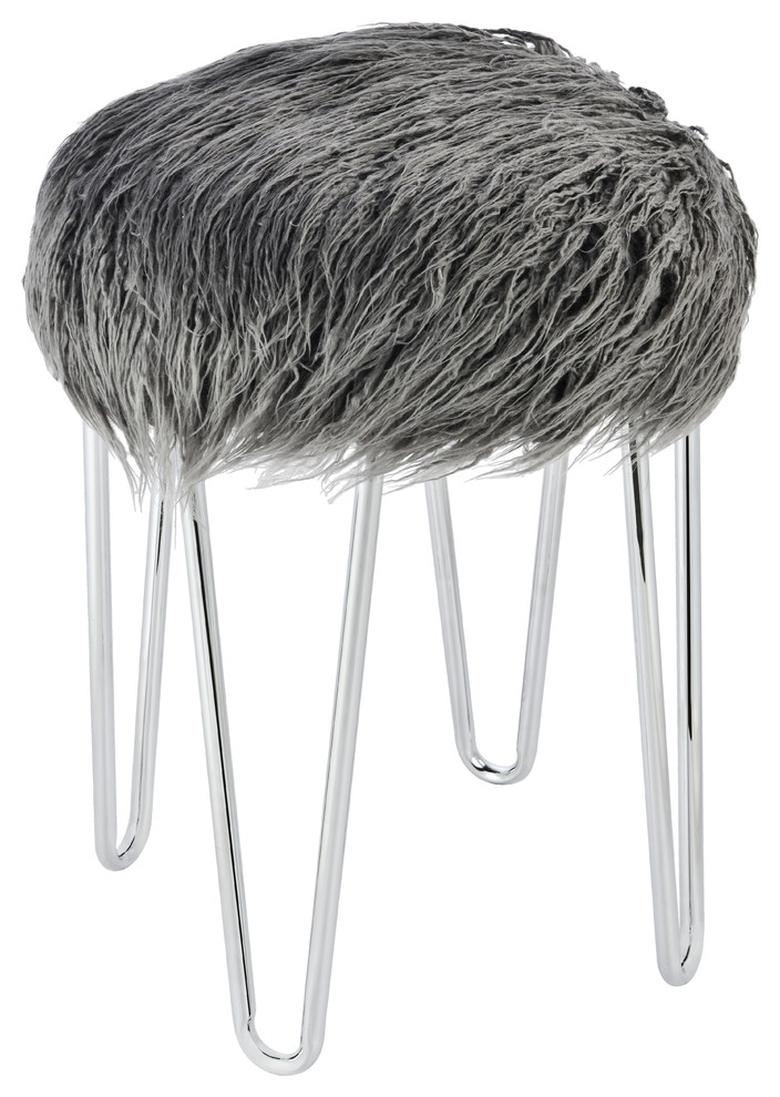 Vogue 13" Faux Sheepskin Stool, Gray Contemporary Vanity Stools And