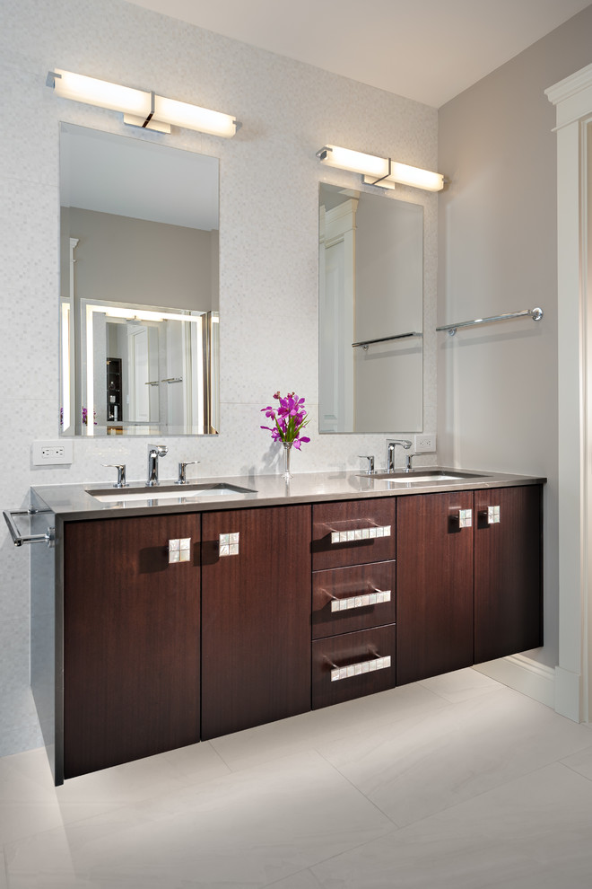 Example of a large transitional master bathroom design in Vancouver with flat-panel cabinets, dark wood cabinets, a console sink, wood countertops and beige countertops