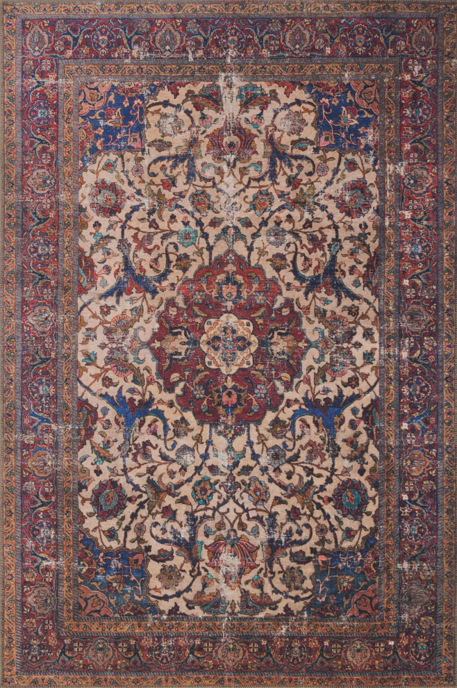 Ivory,Red,Blue,Gold Printed Loren Area Rug, 2'6"x7'6"