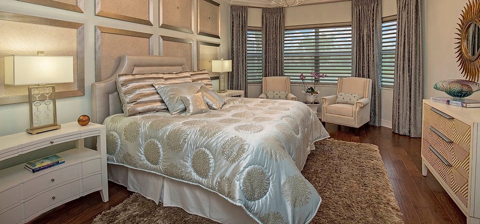 This is an example of a mid-sized transitional master bedroom in Houston with beige walls, dark hardwood floors, no fireplace and brown floor.