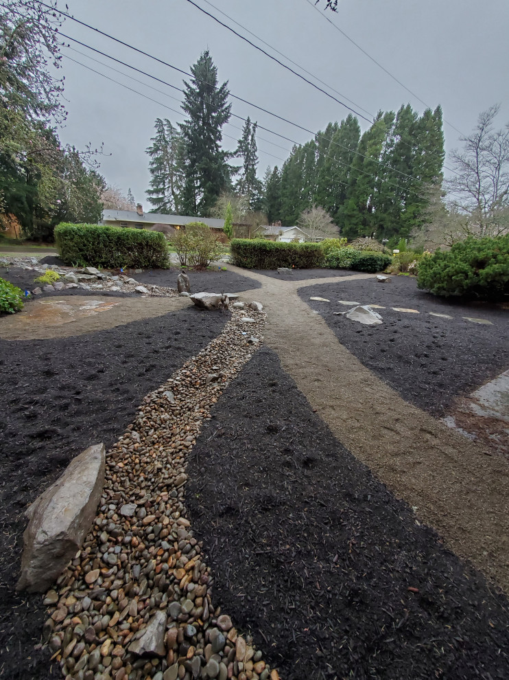Photo of a mid-sized midcentury front yard full sun formal garden in Portland with with flowerbed and gravel.