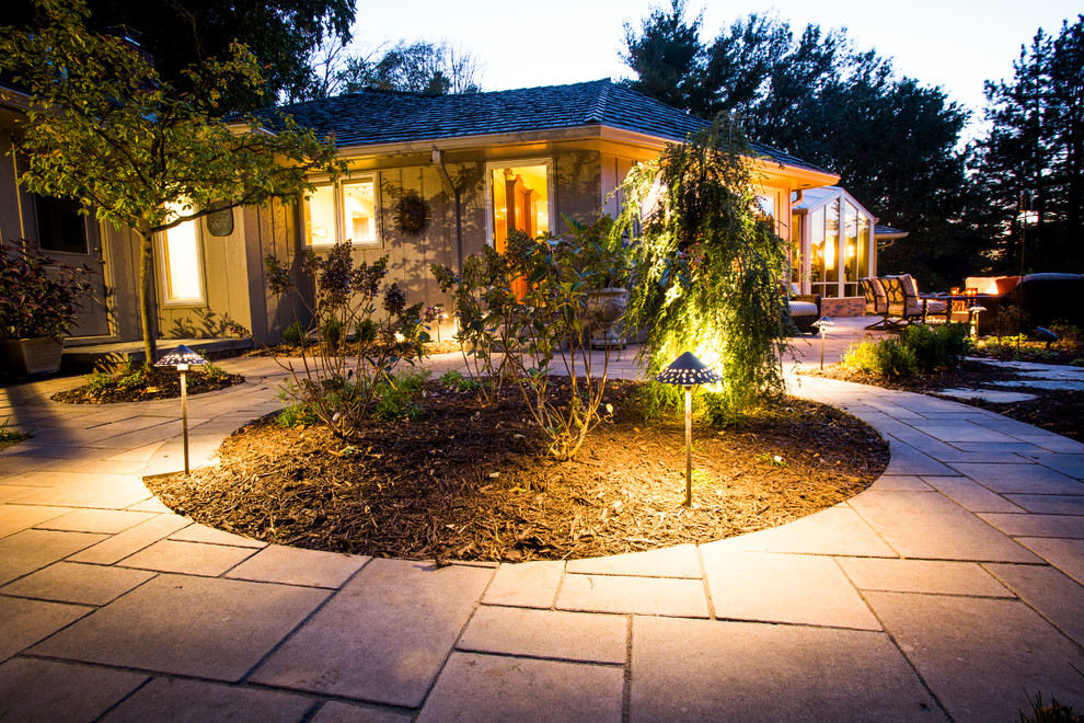 Design ideas for a transitional backyard stone water fountain landscape in Omaha.
