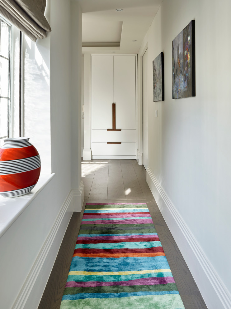 This is an example of a mid-sized contemporary hallway in London with white walls and dark hardwood floors.