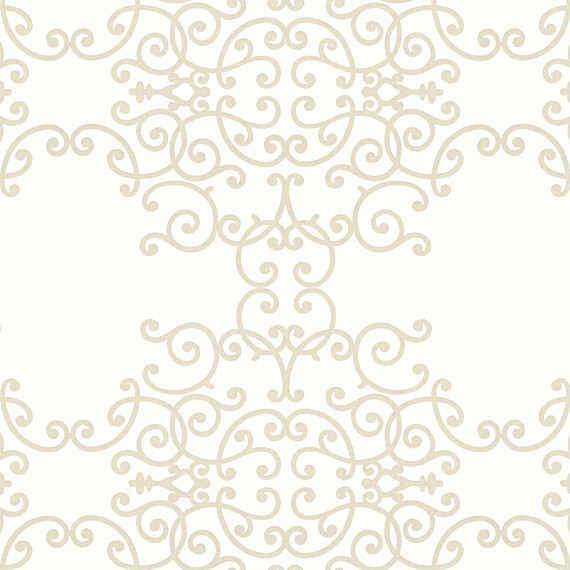 Light Tan and White Scroll Cotton Sateen Fabric