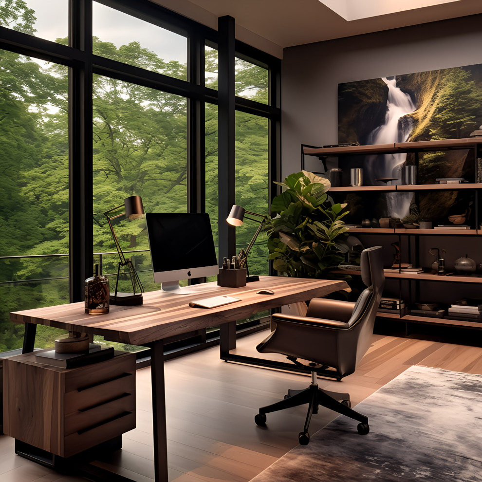 Example of a large minimalist freestanding desk home office library design in New York