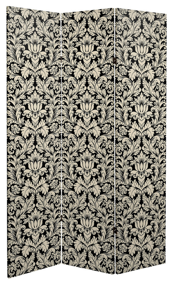 6' Tall Double Sided Ebony Damask Canvas Room Divider Traditional