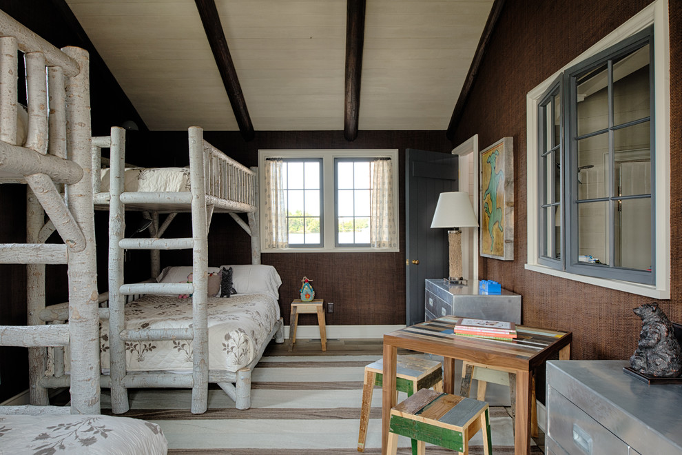 This is an example of a country gender-neutral kids' bedroom for kids 4-10 years old in Minneapolis with brown walls and painted wood floors.