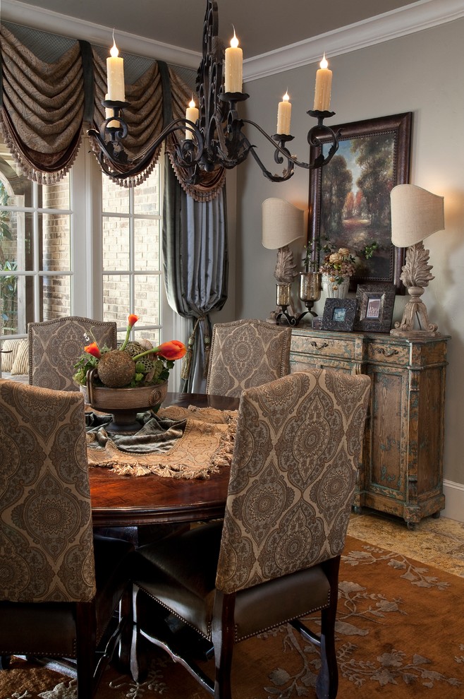 Inspiration for an expansive mediterranean separate dining room in Dallas with grey walls, carpet and brown floor.