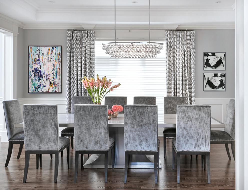 Inspiration for a mid-sized transitional separate dining room in Toronto with grey walls, dark hardwood floors and brown floor.