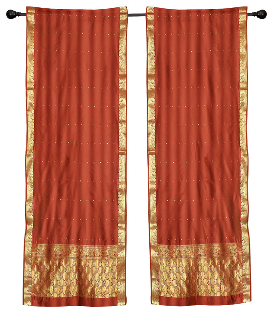 2 Boho Rust Indian Sari Curtains Rod Pocket Window Panels Drapes