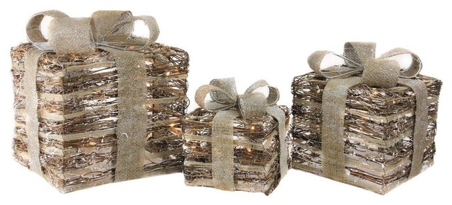 Lighted Rattan Gift Boxes With Bows Christmas Decorations, 3-Piece Set