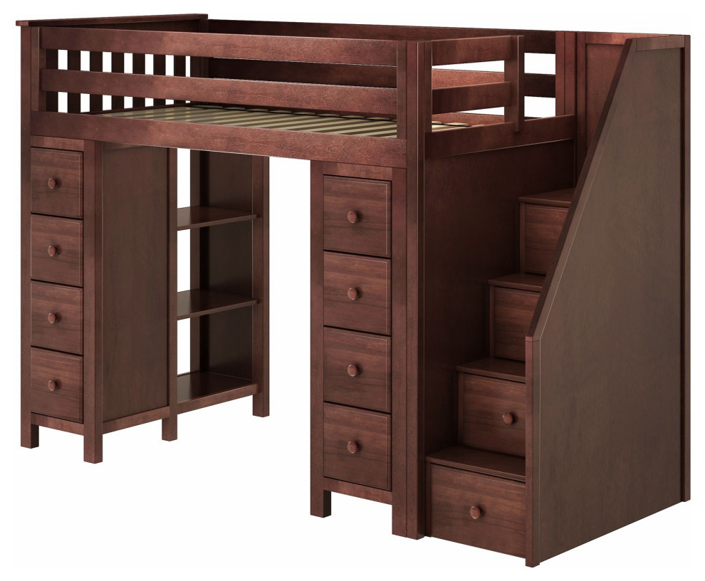 Plank+Beam Twin Loft Bed+Two 4 Drawer Dressers+Bookcase+Storage and Stairs Transitional Loft