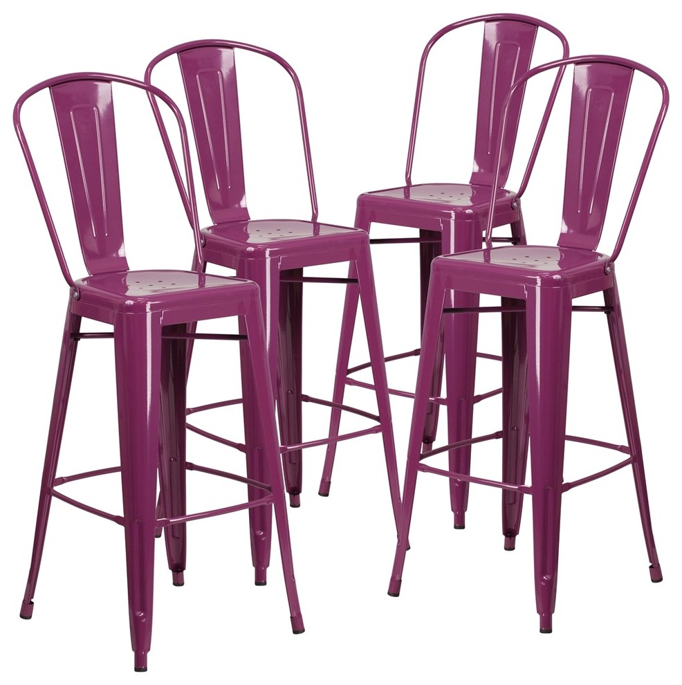 30" High Purple Metal Indoor/Outdoor Barstools With Back, Set of 4