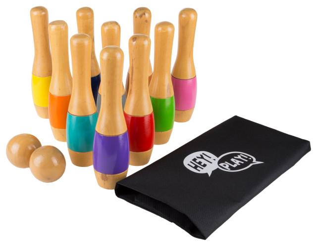 Wood Bowling Set Indoor and Outdoor Game for Toddlers, Kids, and Adults ...