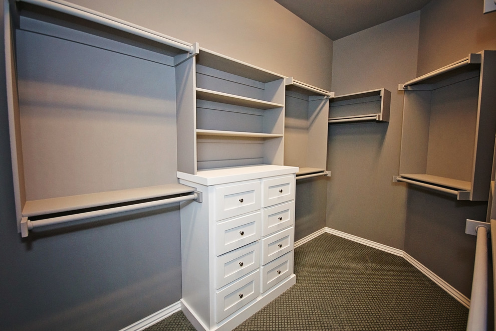 Inspiration for a large contemporary gender-neutral walk-in wardrobe in Oklahoma City with recessed-panel cabinets, white cabinets and carpet.