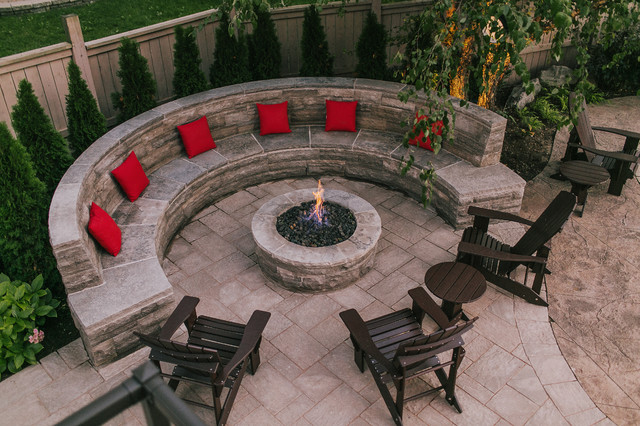 Interlock Patio with Natural Stone Bench and Firepit - Traditional ...