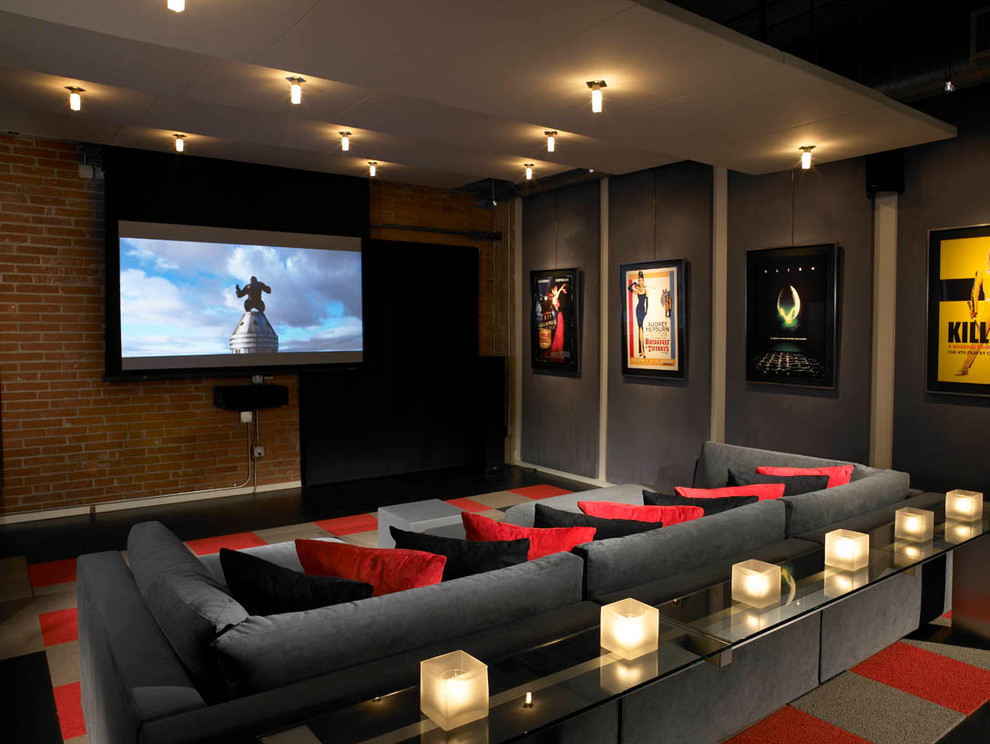 Photo of a contemporary home theatre in San Diego.