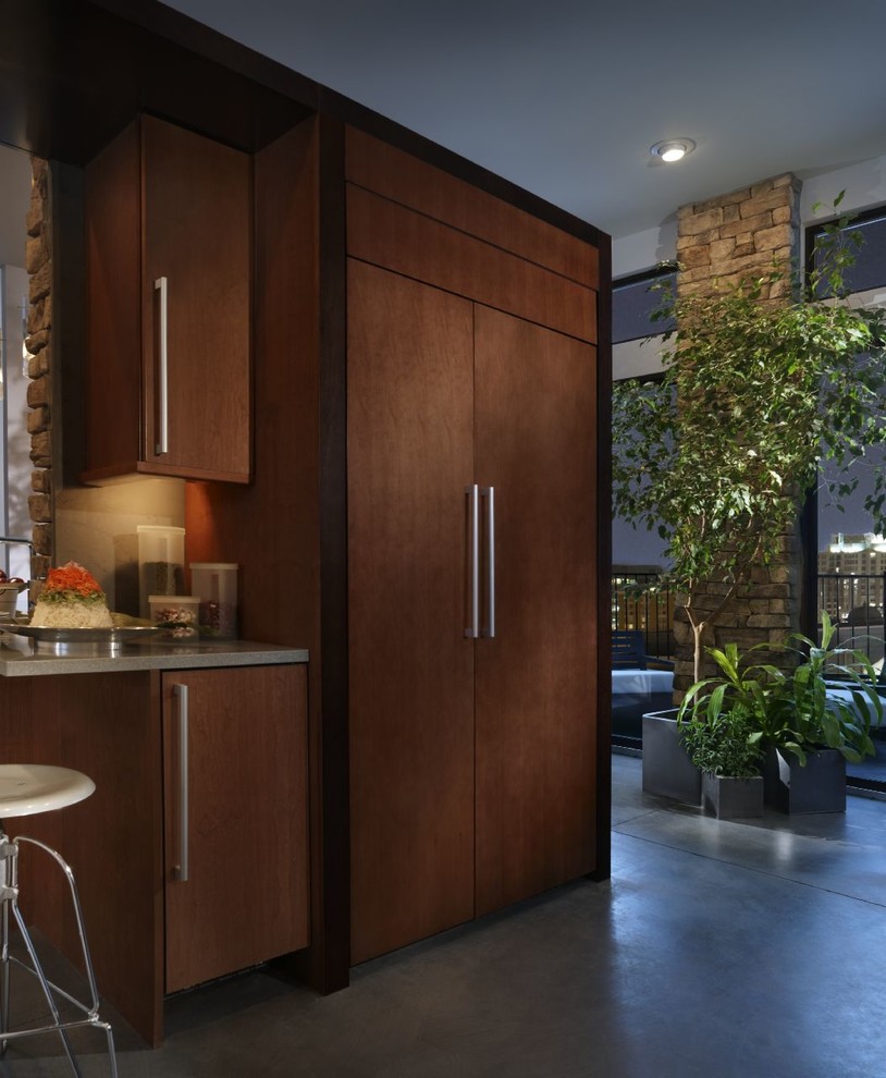 Inspiration for a mid-sized transitional concrete floor kitchen remodel in Bridgeport with flat-panel cabinets, dark wood cabinets, quartzite countertops and paneled appliances