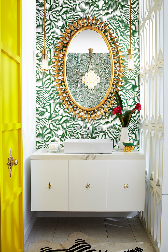 Inspiration for a 1950s master porcelain tile and beige floor powder room remodel in Dallas with flat-panel cabinets, white cabinets, a vessel sink, marble countertops and multicolored walls
