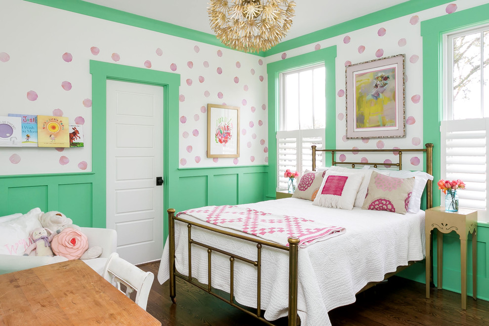 Design ideas for a mid-sized beach style kids' bedroom for kids 4-10 years old and girls in Charleston with brown floor, multi-coloured walls and dark hardwood floors.