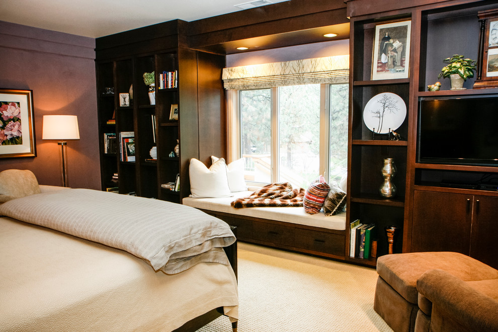 Inspiration for a large transitional master carpeted bedroom remodel with purple walls and no fireplace