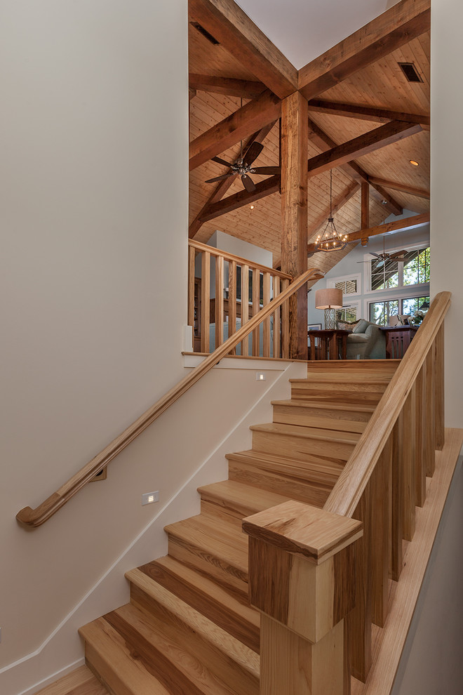 Inspiration for a country wood u-shaped staircase in Other with wood risers and wood railing.