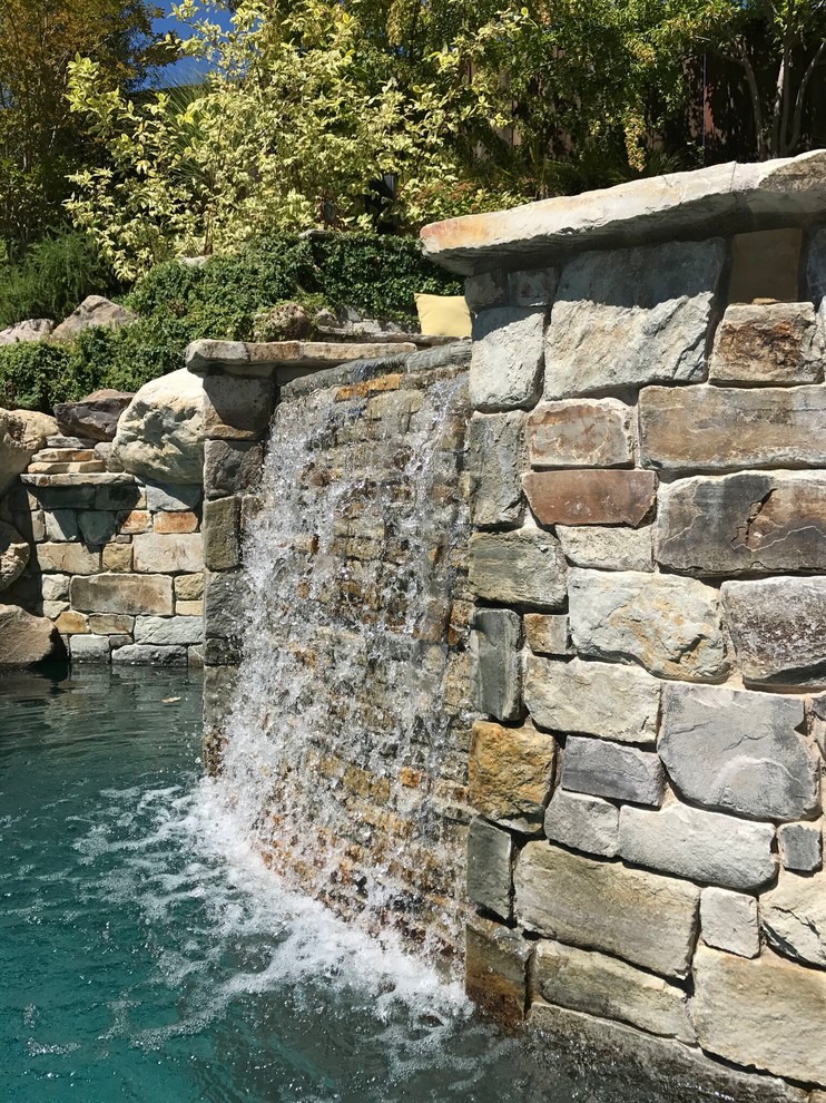 Photo of a large modern backyard custom-shaped natural pool in San Francisco with a hot tub and natural stone pavers.