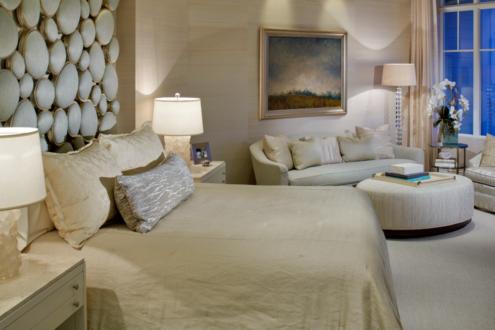 Inspiration for a large transitional master bedroom in Miami with beige walls, carpet and no fireplace.