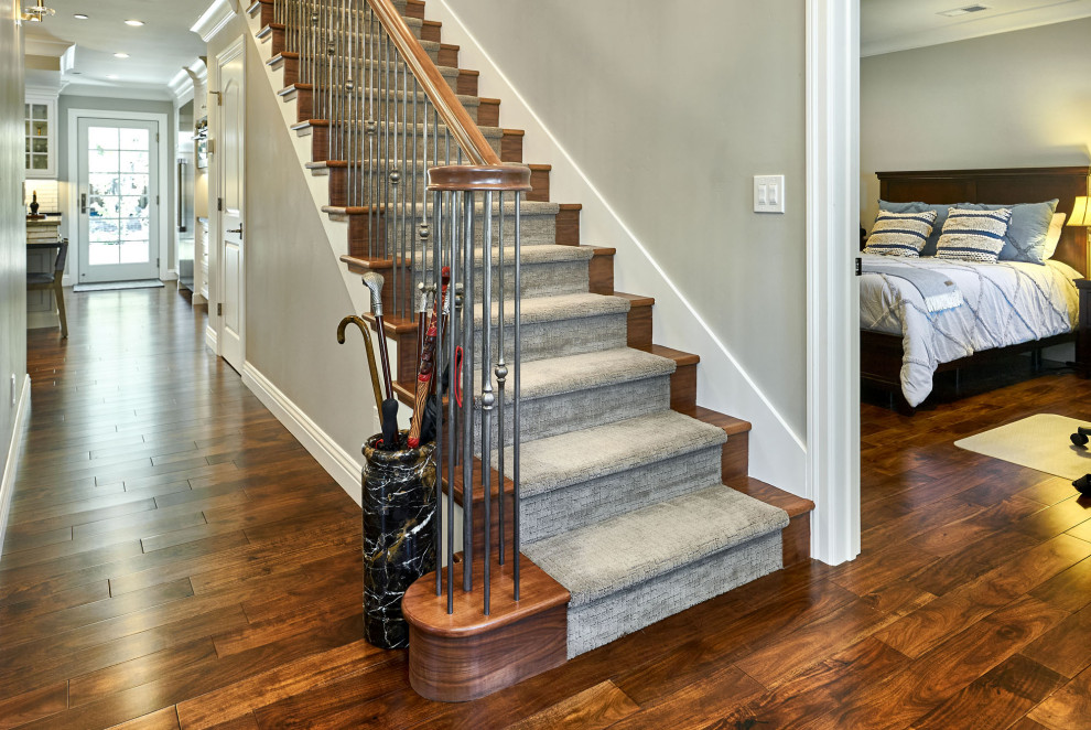 Идея дизайна: прямая лестница среднего размера в классическом стиле с ступенями с ковровым покрытием, ковровыми подступенками и металлическими перилами