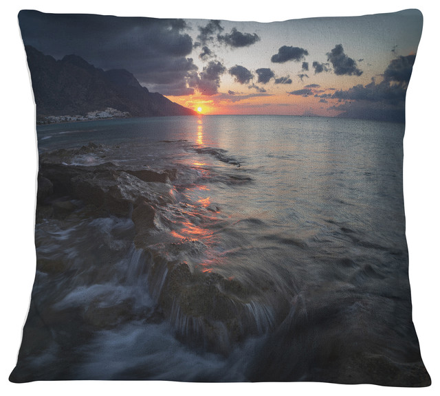 Dark Mediterranean Beach Dawn Modern Seashore Throw Pillow, 16"x16"