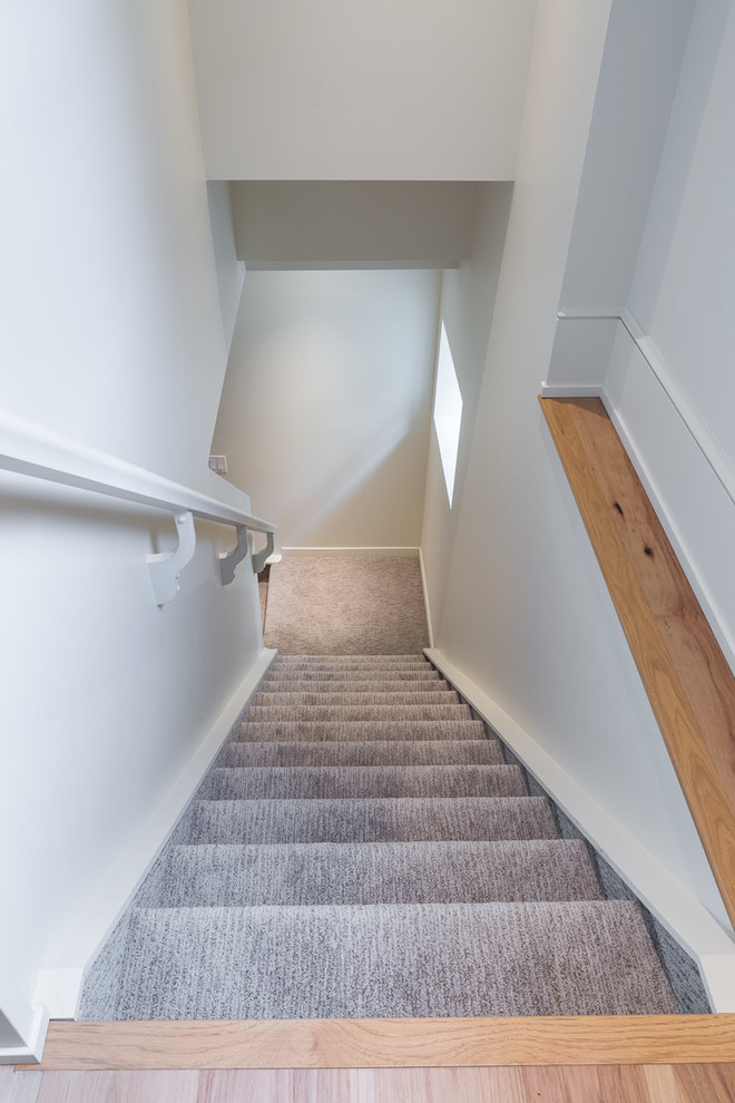 Inspiration for a mid-sized transitional carpeted straight staircase in Calgary with carpet risers.