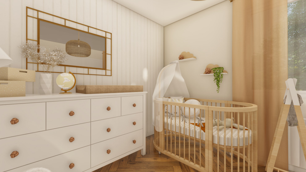 Photo of a small eclectic nursery for girls in Madrid with multi-coloured walls and vinyl floors.