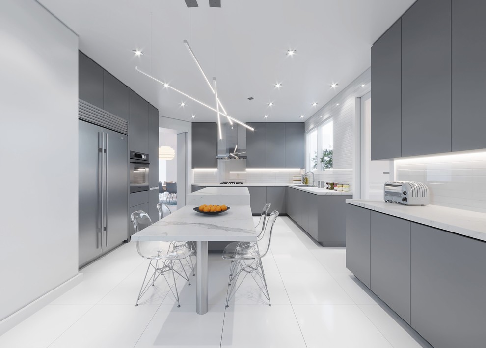 Photo of a mid-sized contemporary u-shaped separate kitchen in Miami with a drop-in sink, flat-panel cabinets, grey cabinets, quartz benchtops, white splashback, glass tile splashback, stainless steel appliances, porcelain floors, with island, white floor and white benchtop.